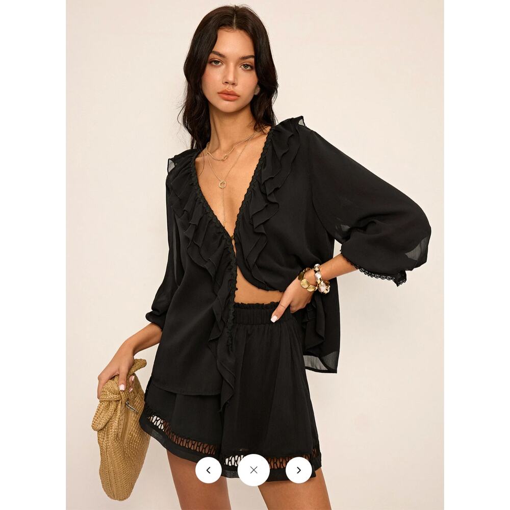 NWT Commense Ruffled Button Chiffon Top and Shorts Set Sz S